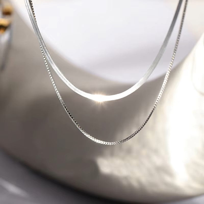 2023 S925 Silver Double Layer Box Chain Snake Clavicle Chain Necklace Female Fashion Hip-hop Retro Unique Design Fine Jewelry Dealshavens