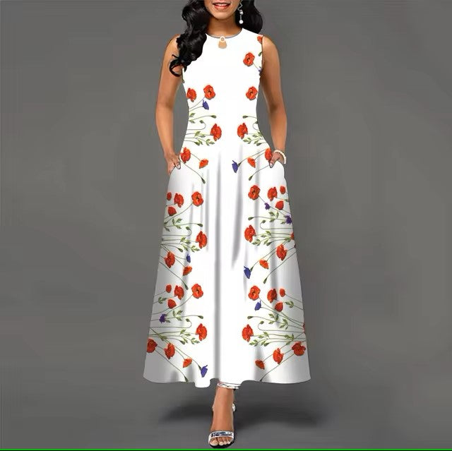 "Retro Flower Print Dress – Sleeveless V-Neck Bohemian"