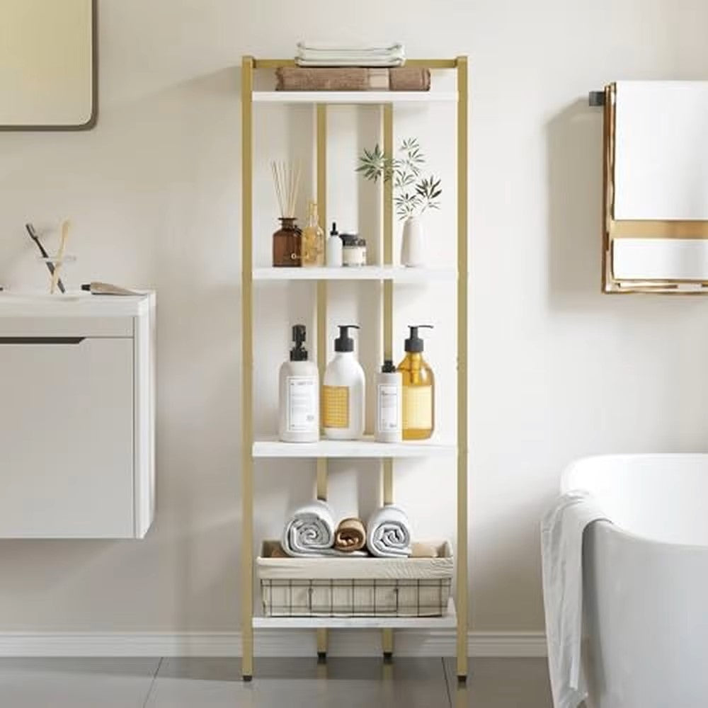 Narrow Metal 4 Tier Bookshelf Open Display Shelves Modern Marble Accent Small Gold Bookcase Compact Multifunctional Home - Dealshavens
