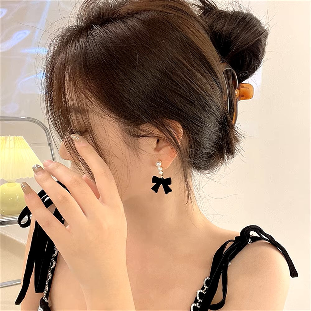 Red Black Bowtie Earrings for Women Girls Simulated Pearl Cloth Bow Tie Earrings Jewelry Ear Accessories Beautiful Gifts dealshavens