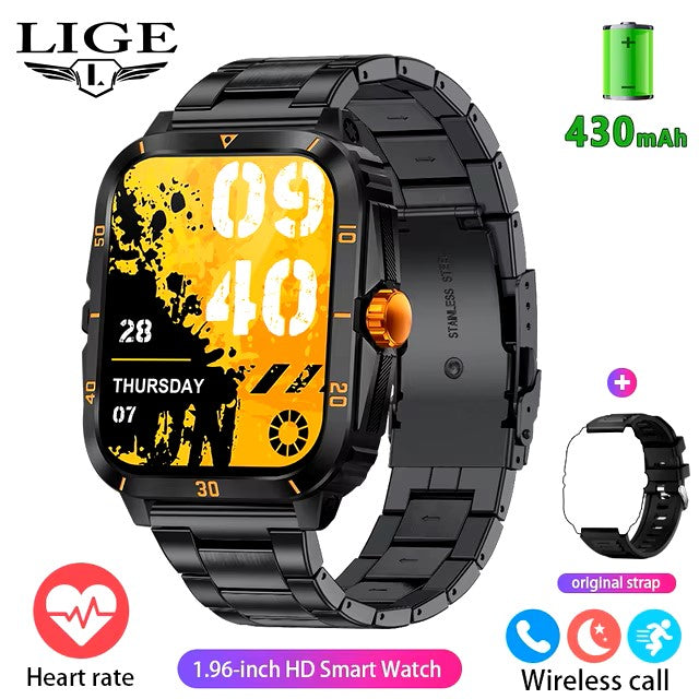 LIGE 2024 Military Smart Watches Men 1.96" Screen Bluetooth Call Heart Rate Monitor Sport Fitness Waterproof Outdoor Smartwatch dealshavens