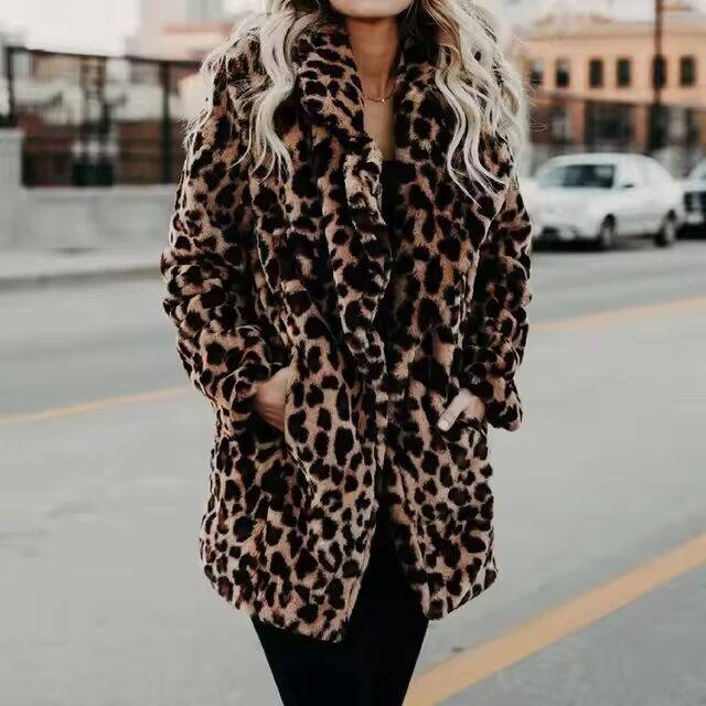 "Faux Fur Coat Women Leopard Print Winter Jacket"