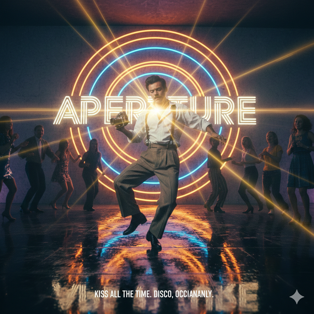 “Harry Styles performing in a dark suit in the Aperture music video, captured mid-motion.”