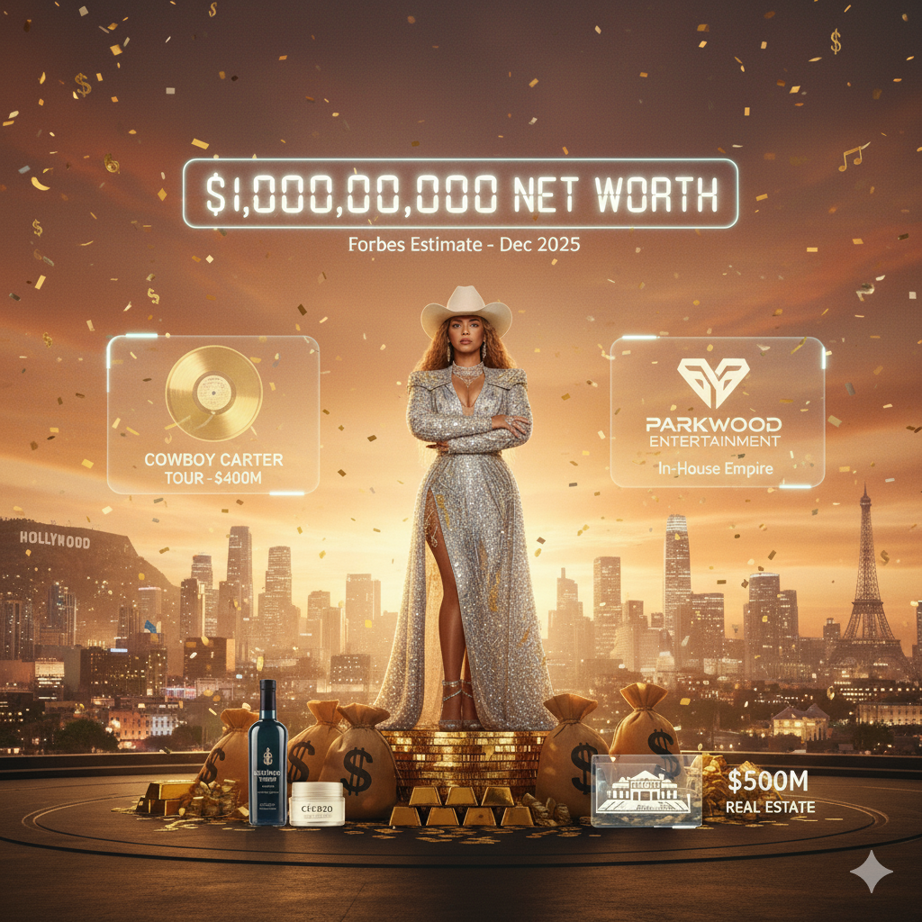 An editorial infographic featuring Beyoncé in a silver gown and cowboy hat, surrounded by holographic displays of her $1 billion net worth, business logos, and financial milestones against a sunset city skyline.