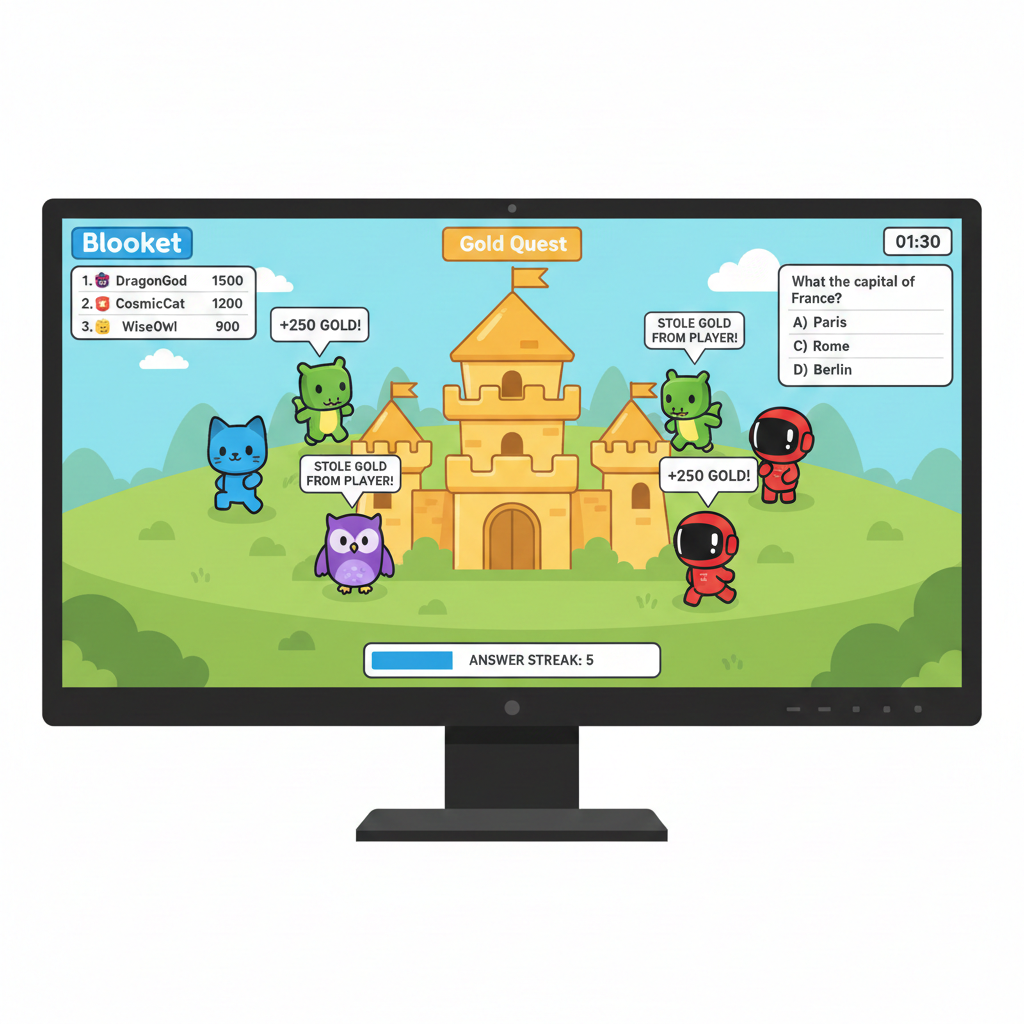 Blooket educational game platform displayed on a screen, showing a colorful quiz-based learning interface for students.