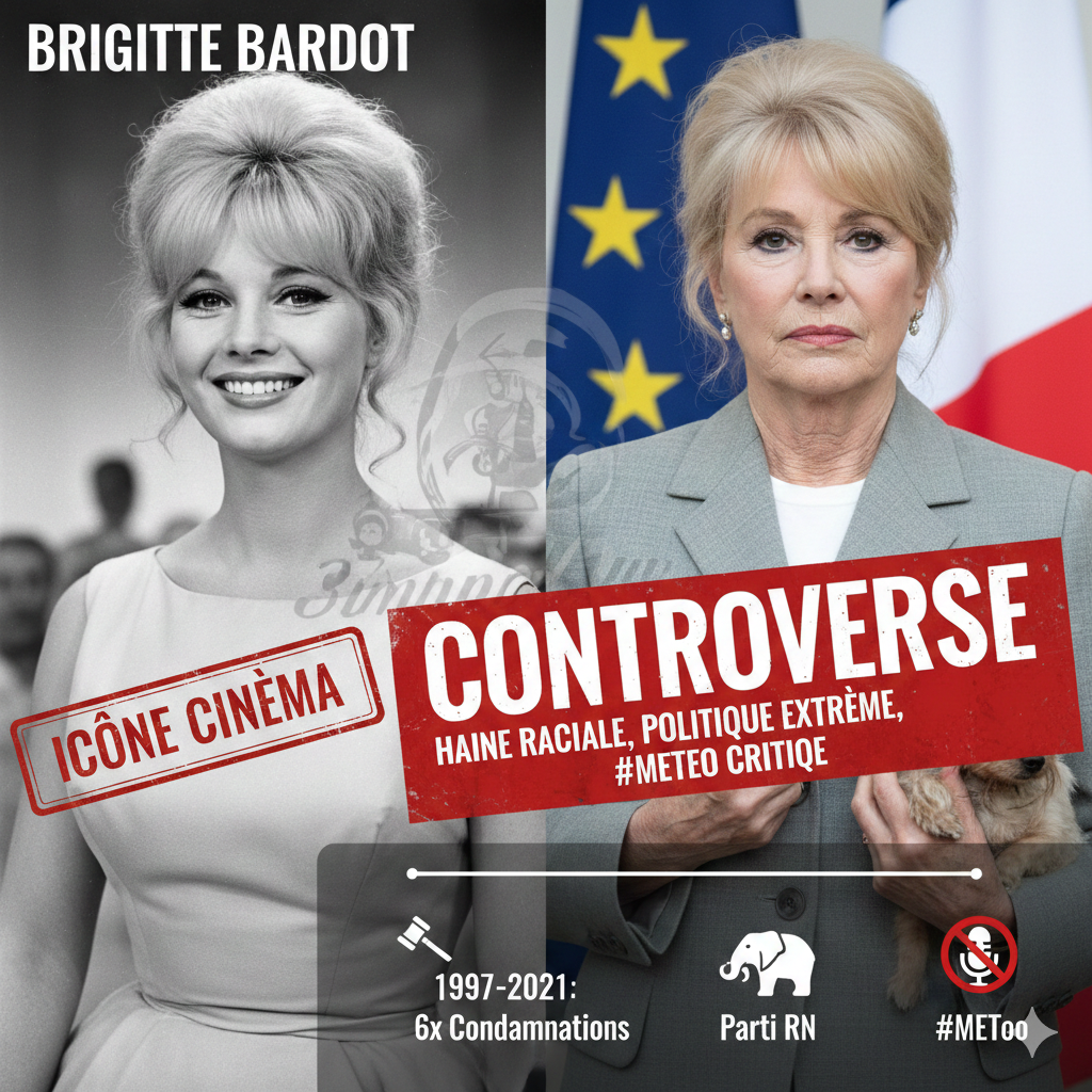A split-screen graphic contrasting Brigitte Bardot's early life as a cinema icon with her later years, highlighting her legal convictions for hate speech, far-right political ties, and social controversies.