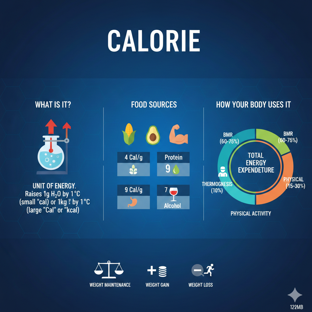 Calorie chart showing energy intake and nutritional values for food items.