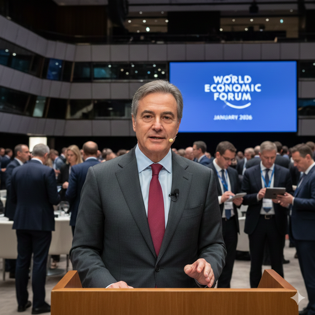 "Carney Davos speaking at a conference, wearing a suit and tie."