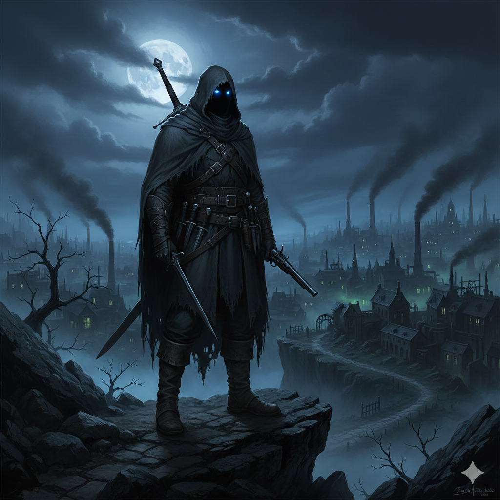 "DARK OUTLAW character/logo with a dark, edgy, rebellious aesthetic."