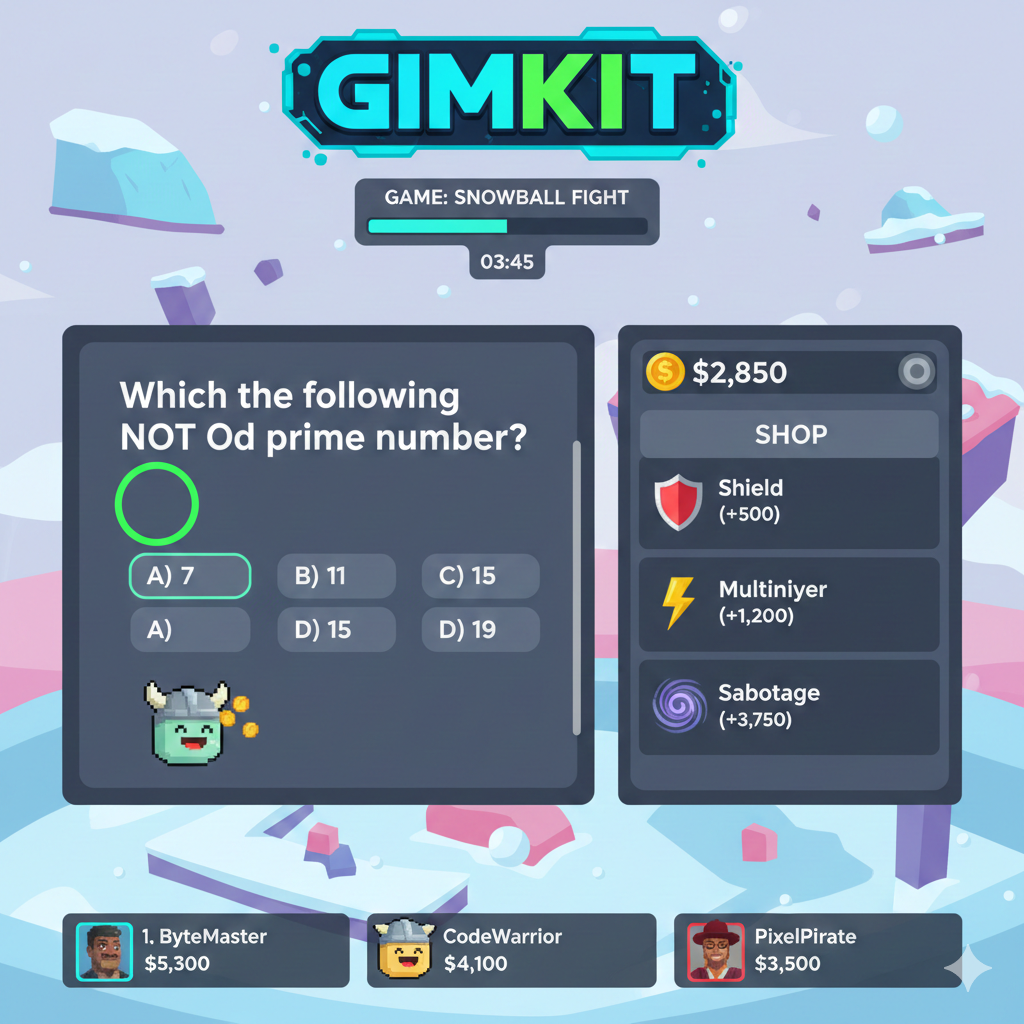 Gimkit online learning platform showing a quiz game interface with questions, points, and colorful progress indicators on a digital screen.