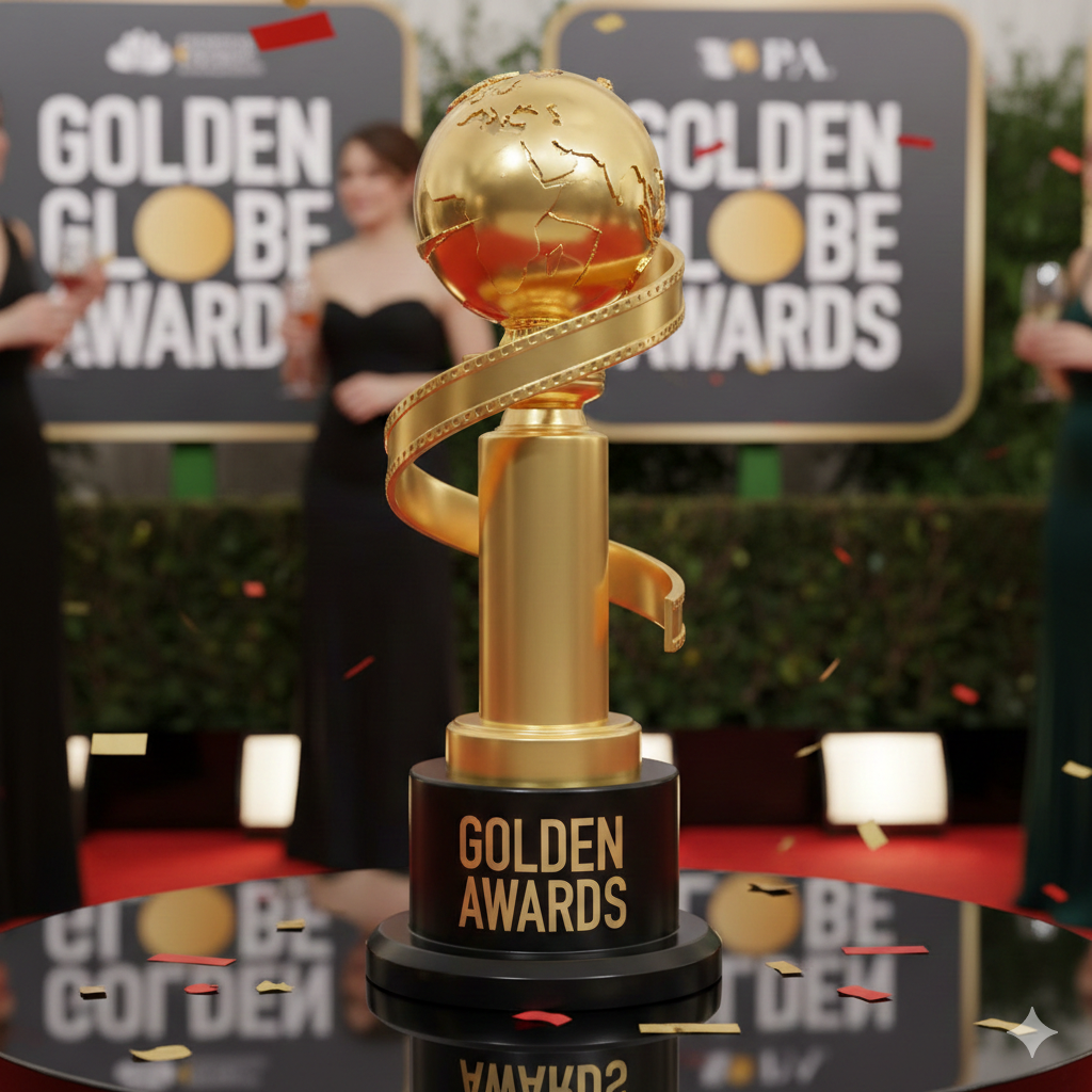Golden Globe Awards ceremony featuring the iconic gold globe trophy on a pedestal, celebrating excellence in film and television.