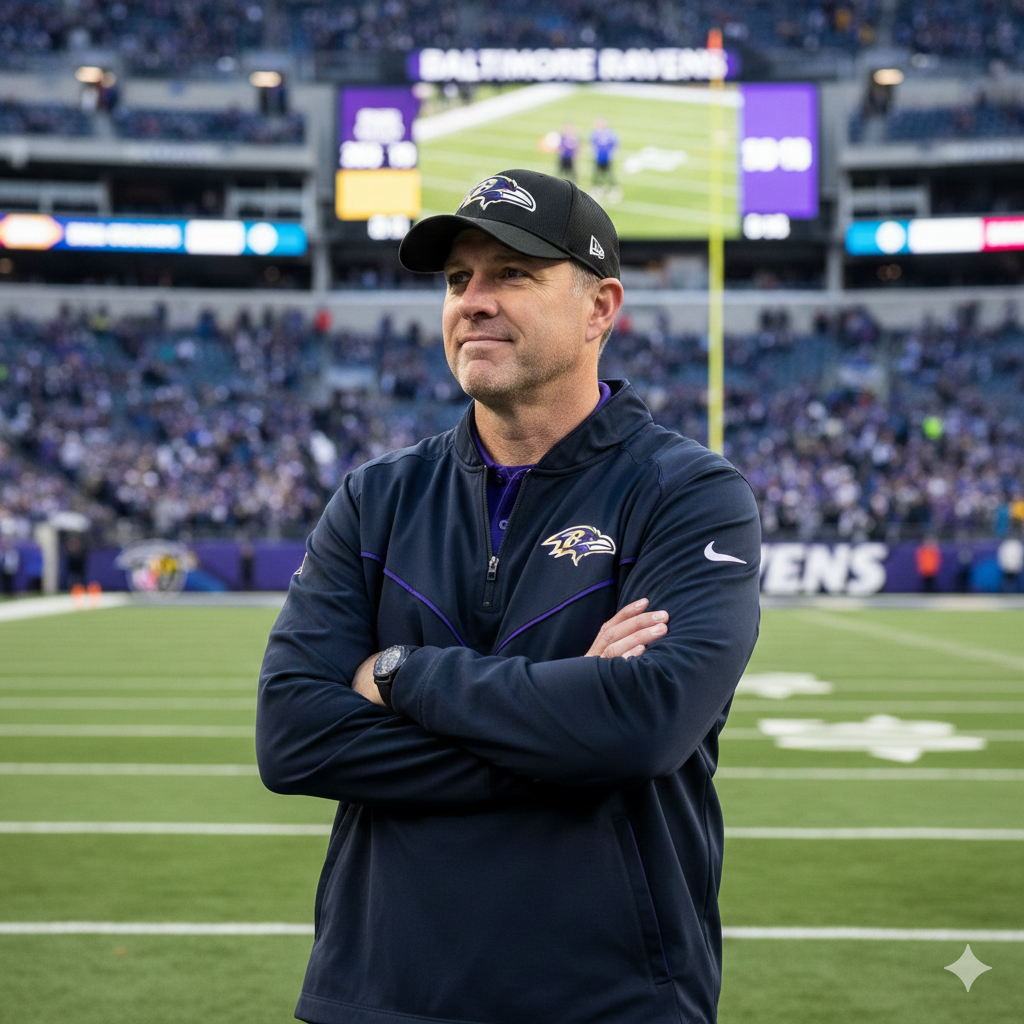 “John Harbaugh, head coach of the Baltimore Ravens, standing on the sidelines during an NFL game, wearing a team cap and headset.”