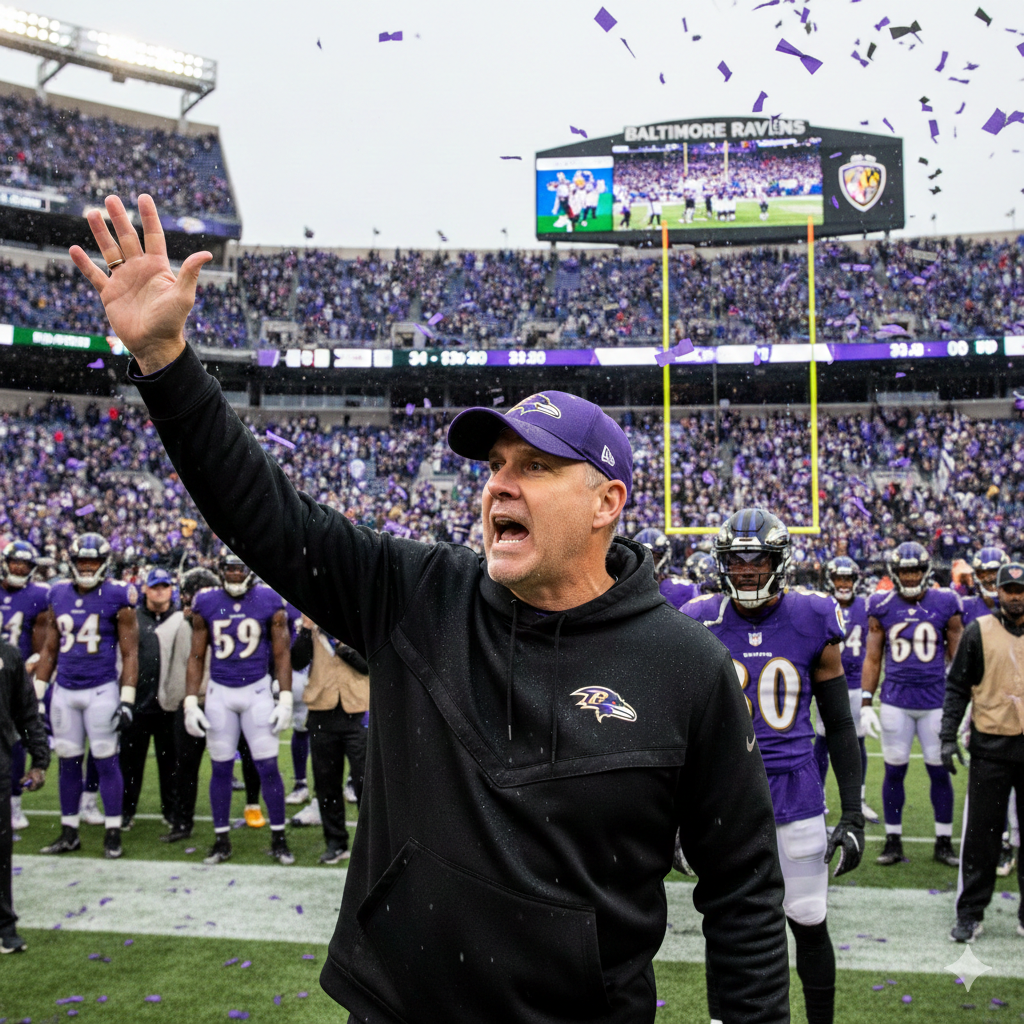 John Harbaugh, head coach of the Baltimore Ravens, standing on the NFL sideline in team gear during a game.