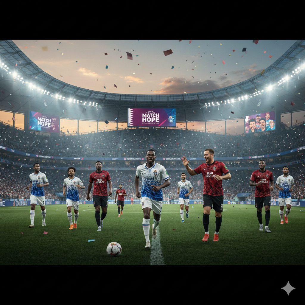 Soccer players compete in the Match for Hope charity game on a stadium field as fans cheer in the stands.