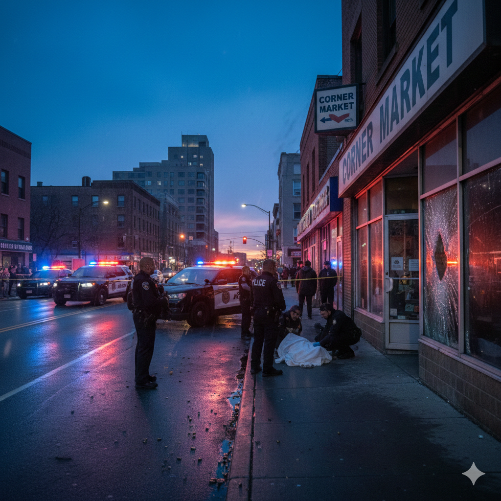 Police officers and emergency vehicles respond to a shooting incident at a street scene in Minneapolis.