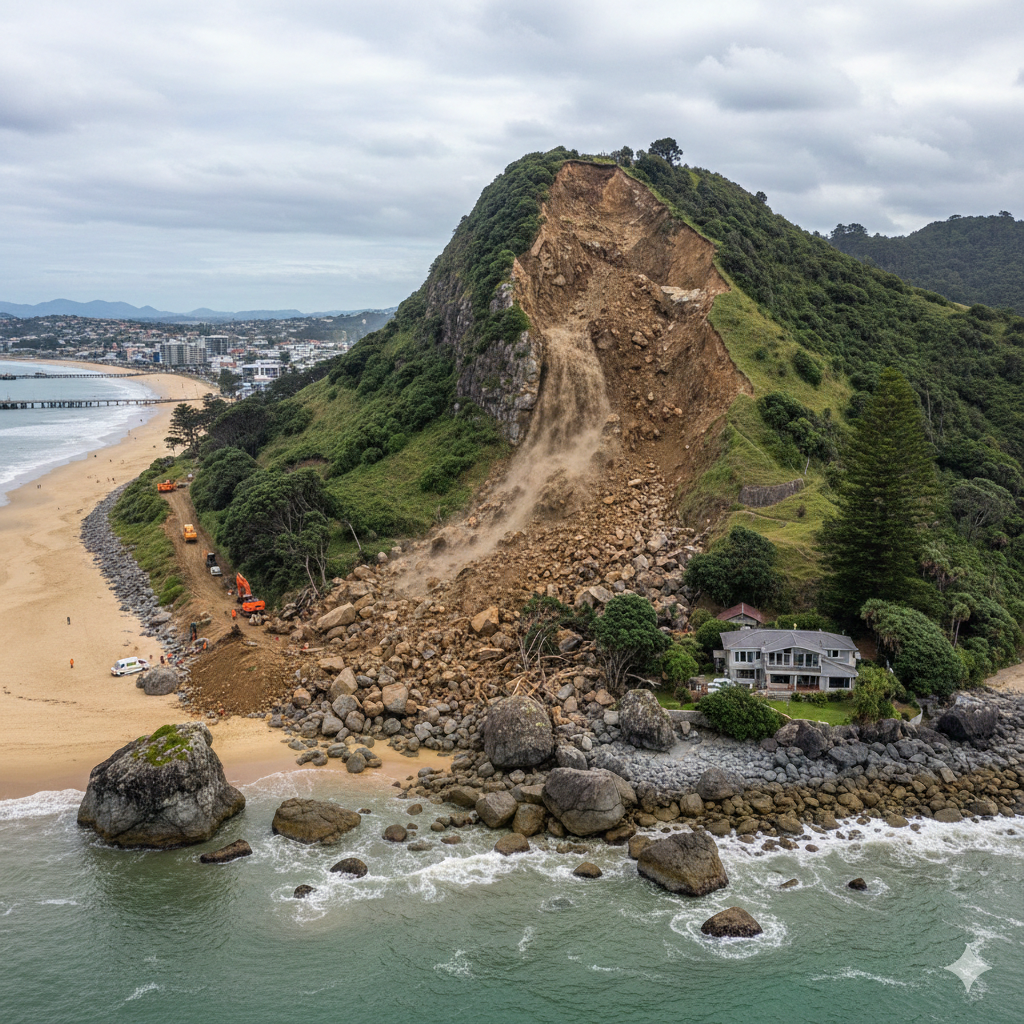 “Landslide at Mount Maunganui covering campground with mud and debris after heavy rain.”