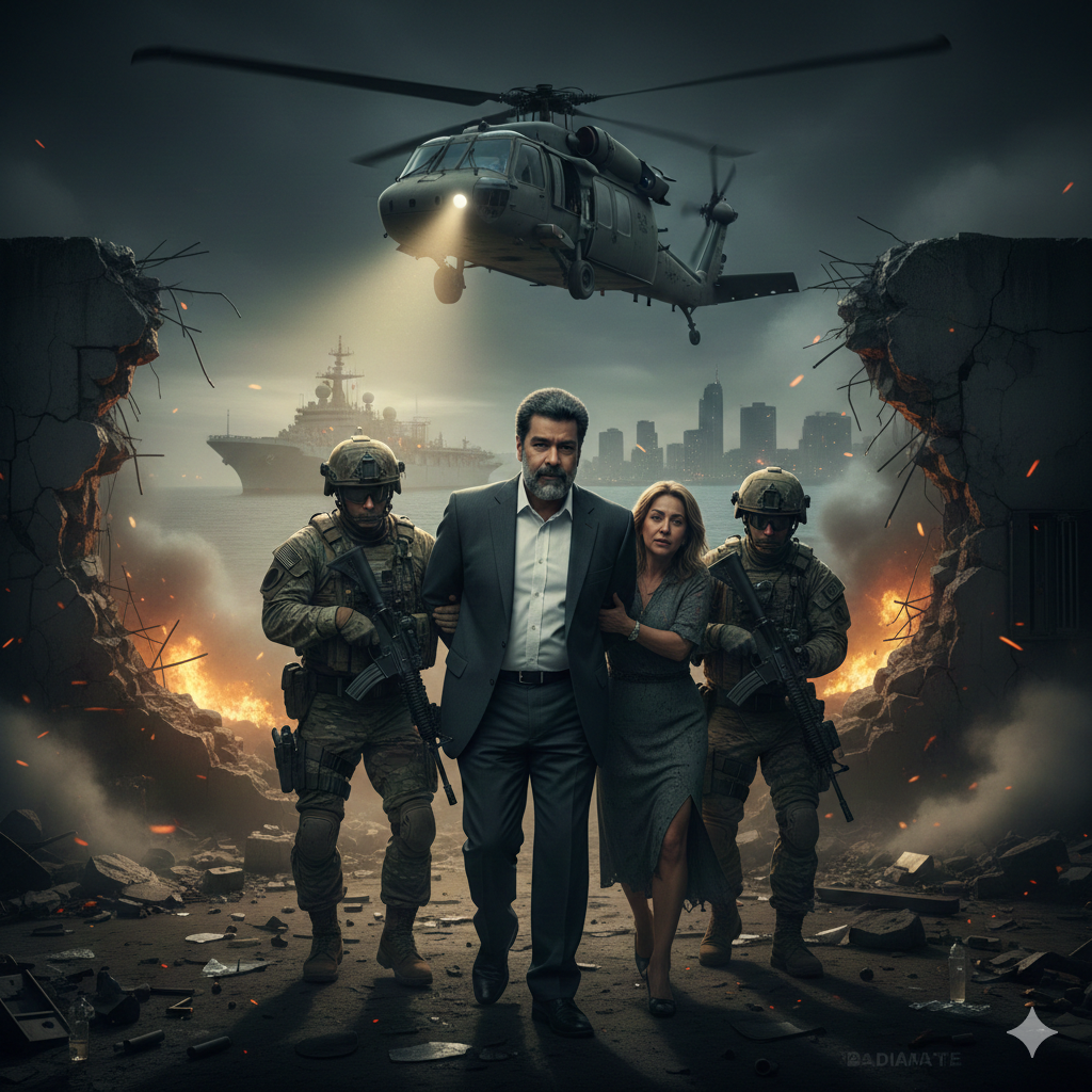 Captured Venezuelan leader Nicolás Maduro, wearing a dark jacket and looking solemn, is escorted by armed U.S. federal agents and Delta Force personnel toward a transport aircraft during his 2026 extradition to New York.