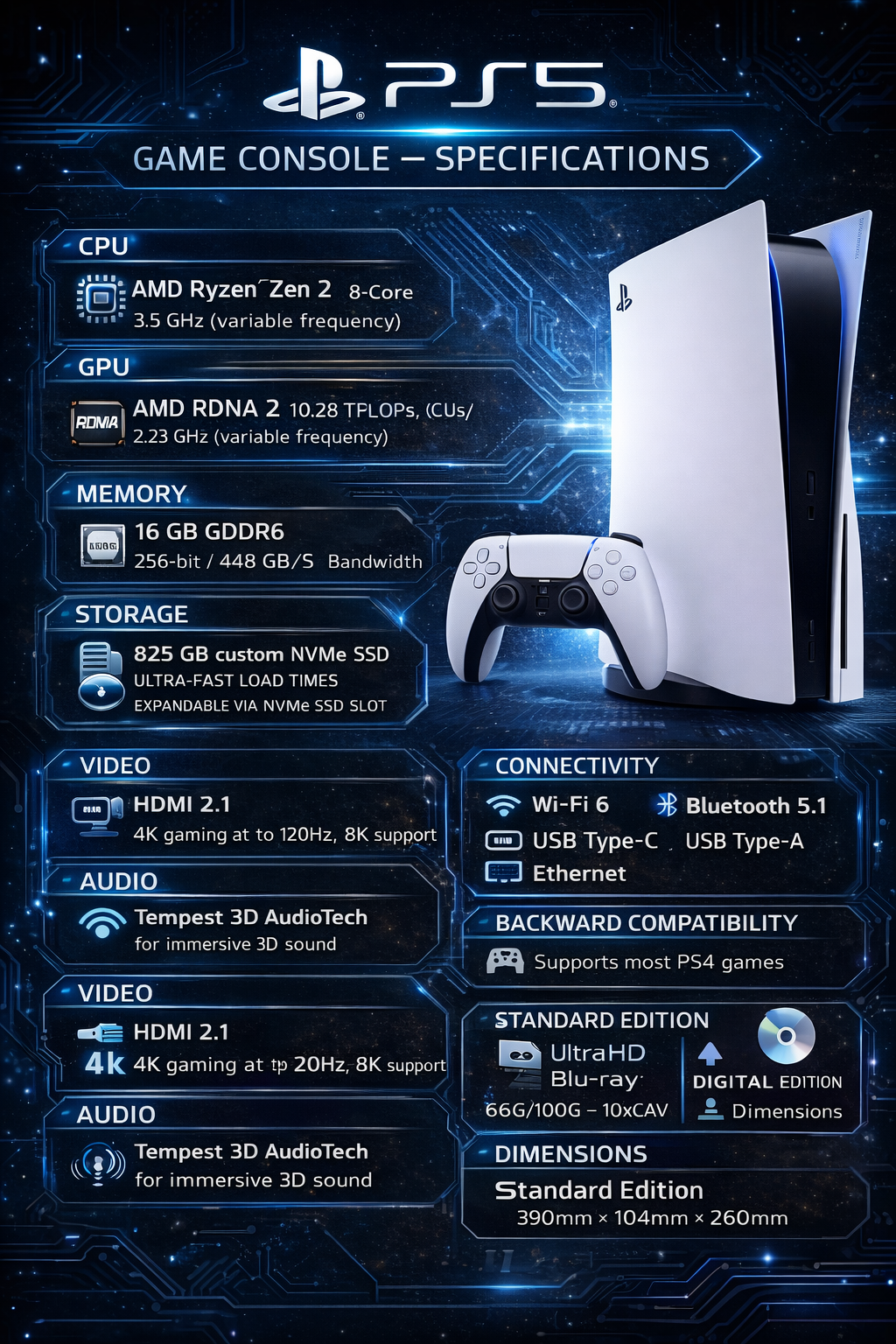 PlayStation 5 console and DualSense controller infographic showing key specs: CPU, GPU, memory, storage, 4K gaming, and 3D audio.