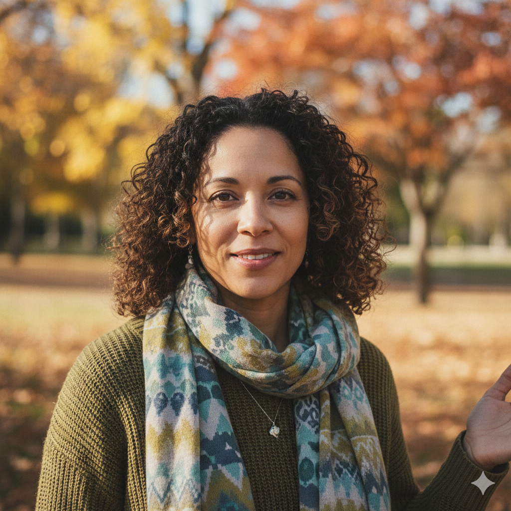 Portrait of Renee Nicole Good, looking toward the camera with a calm expression, photographed in a professional setting.
