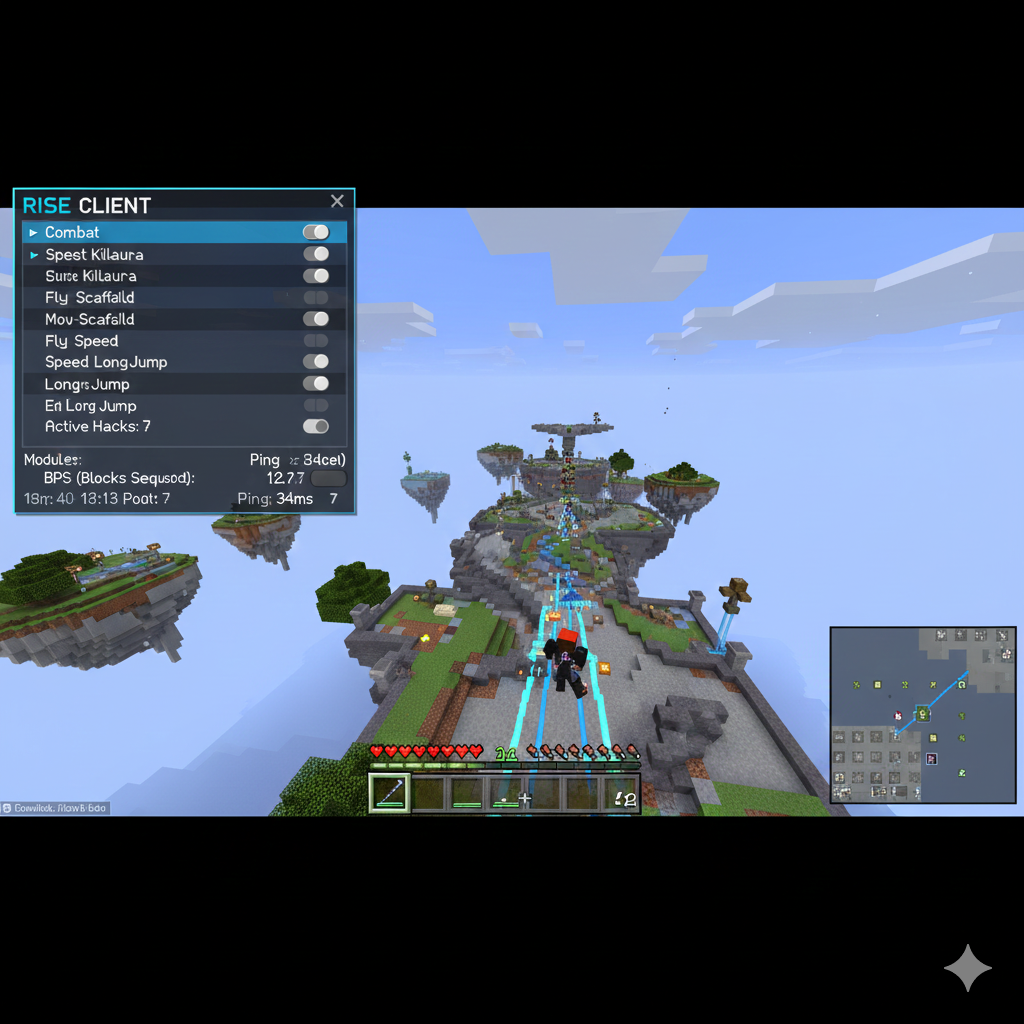 A sleek, dark-themed user interface of the Rise Client for Minecraft showcasing customizable hack modules and anti-cheat bypass settings in a 16:9 layout.