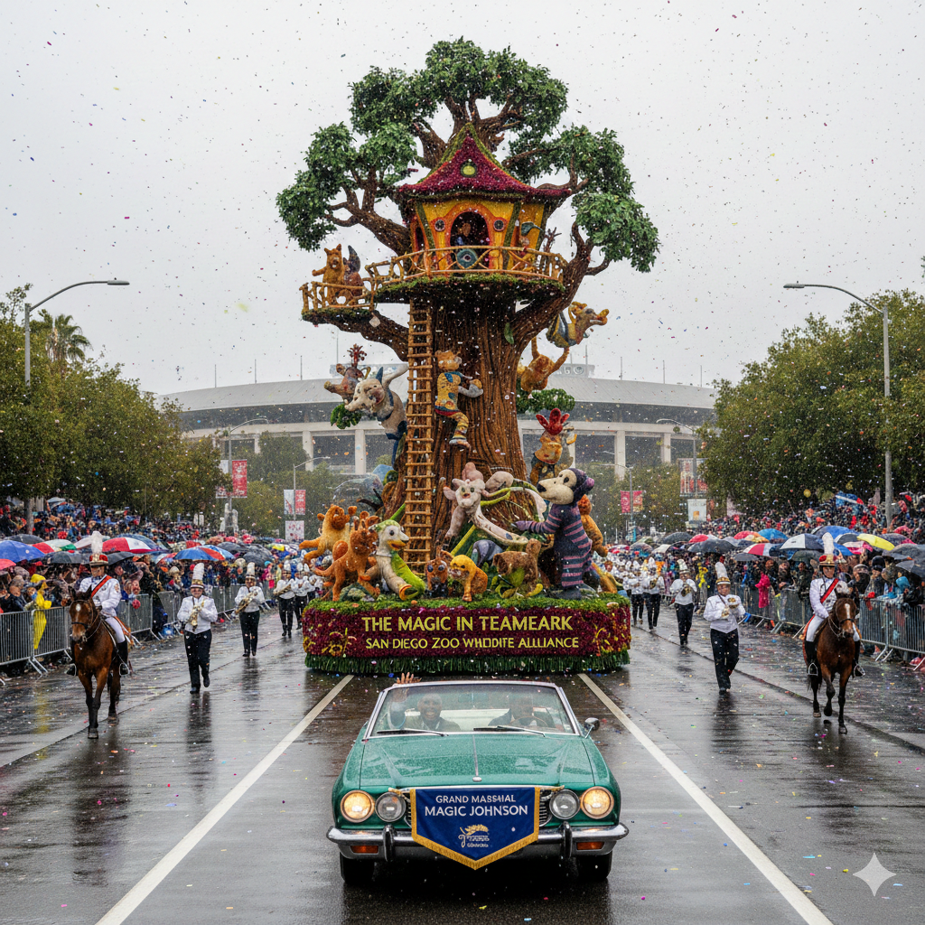 A vibrant 2026 Rose Parade float covered in thousands of colorful flowers, seeds, and petals moving down Colorado Boulevard to the theme "The Magic in Teamwork."