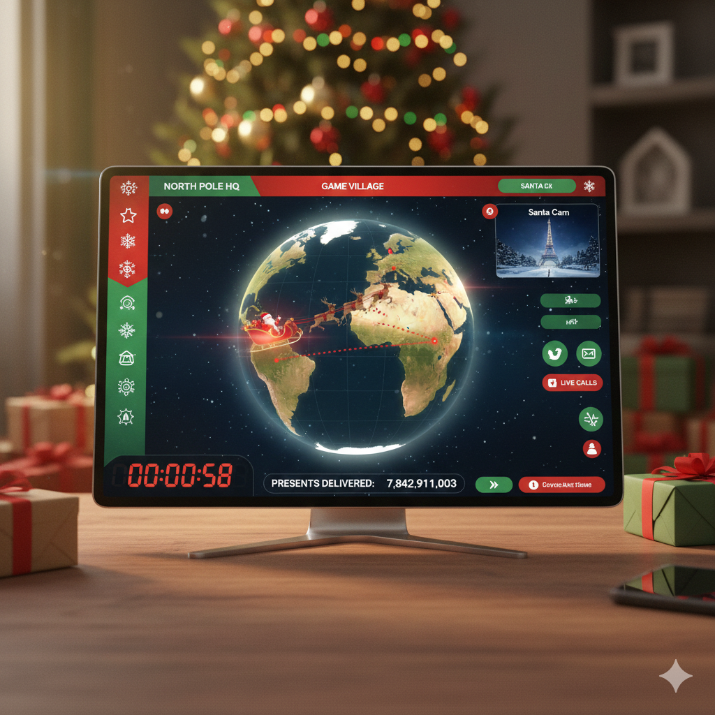An illustration of the Google Santa Tracker map showing Santa’s sleigh flying over a snowy village with a countdown timer and interactive holiday icons.