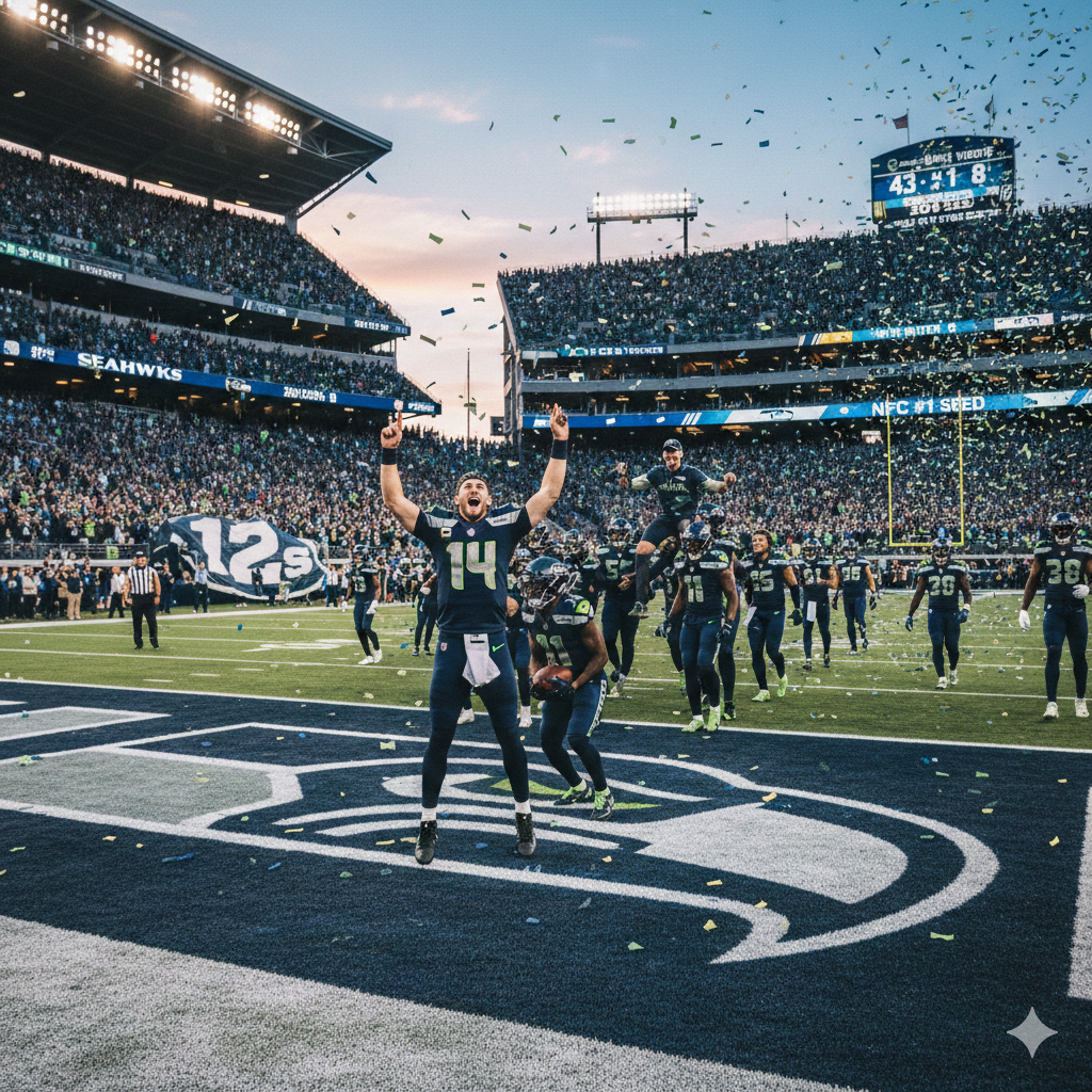 Seattle Seahawks logo featuring a navy, lime green, and grey hawk head inspired by Pacific Northwest Native American art.
