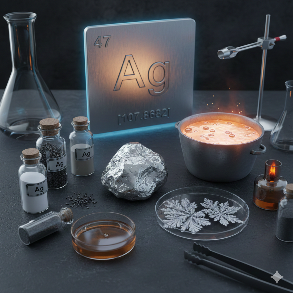 Cinematic 3D render of silver (Ag) in metallic, molten, and crystalline forms on a laboratory workbench with a periodic table tile.