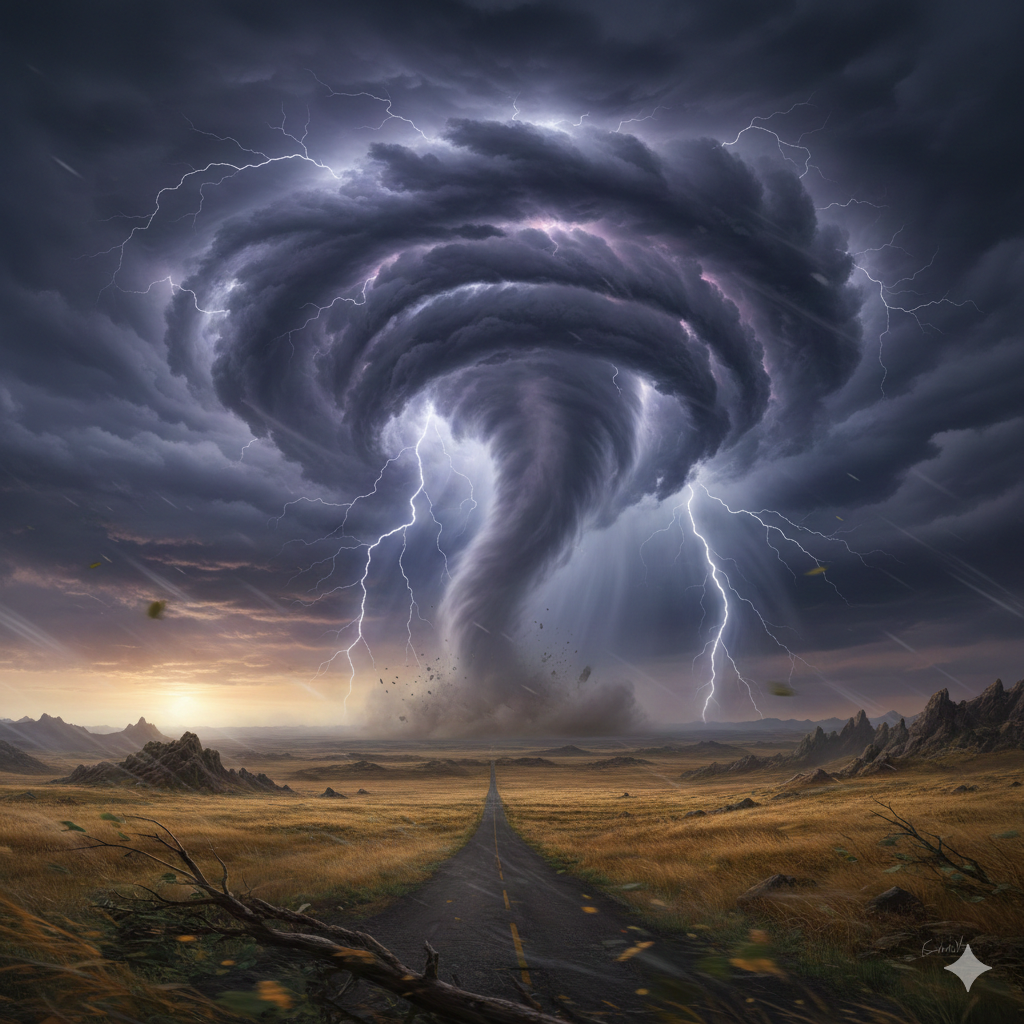 "Dramatic lightning striking through dark, swirling storm clouds over a moody landscape."