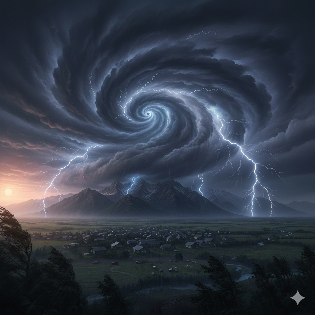 Dark storm clouds with heavy rain and lightning in the sky.