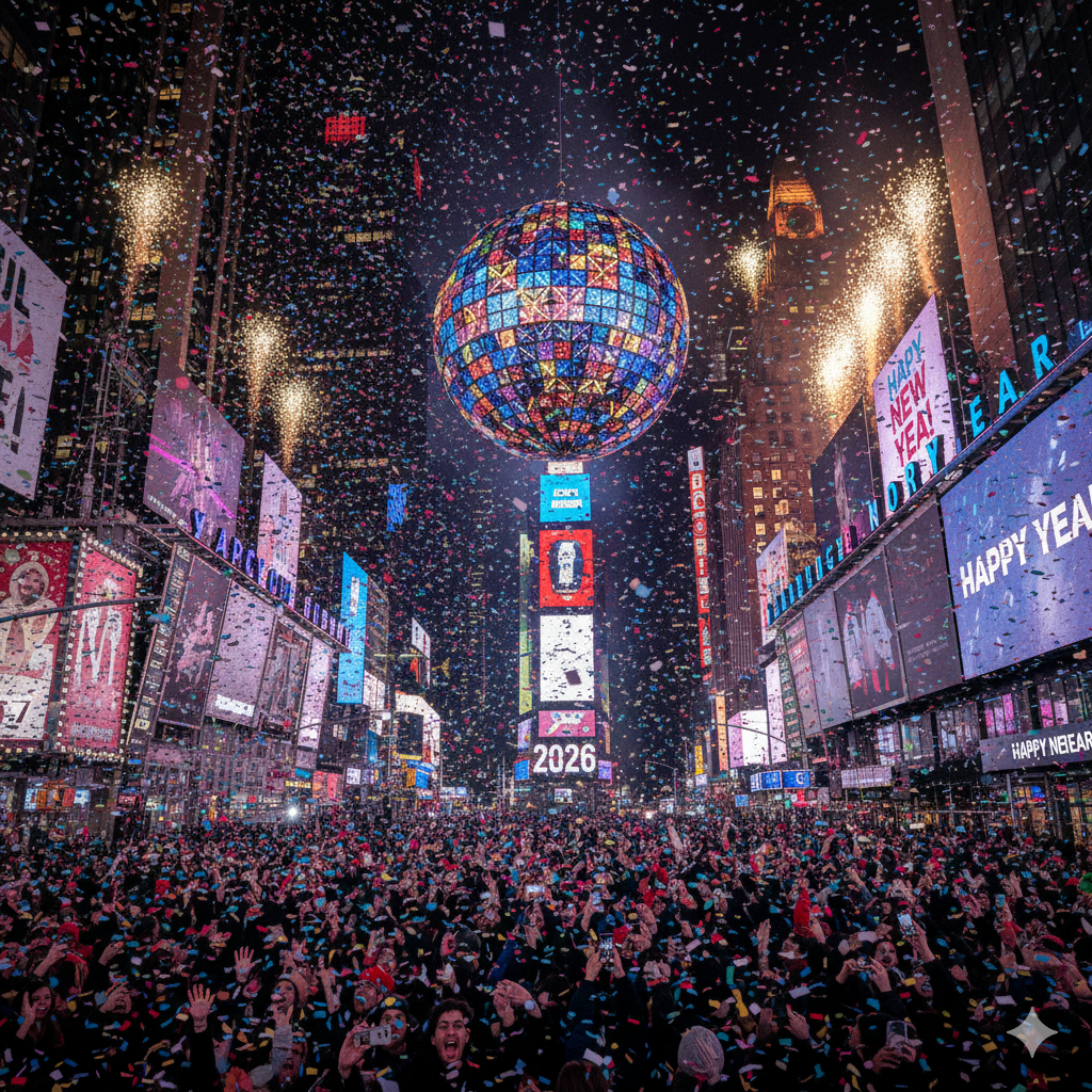 The illuminated crystal ball descending over a crowded, neon-lit Times Square in New York City amidst a flurry of New Year's Eve confetti.
