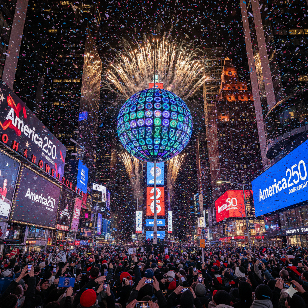 The illuminated New Year's Eve ball descending at midnight amidst a massive cloud of colorful confetti and cheering crowds