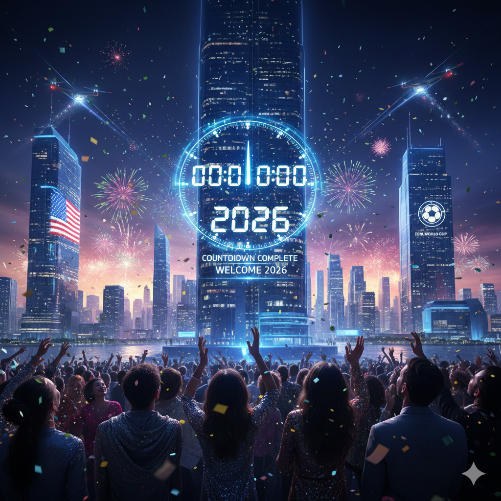 A festive countdown display showing the year 2026 surrounded by celebratory gold fireworks and shimmering lights.