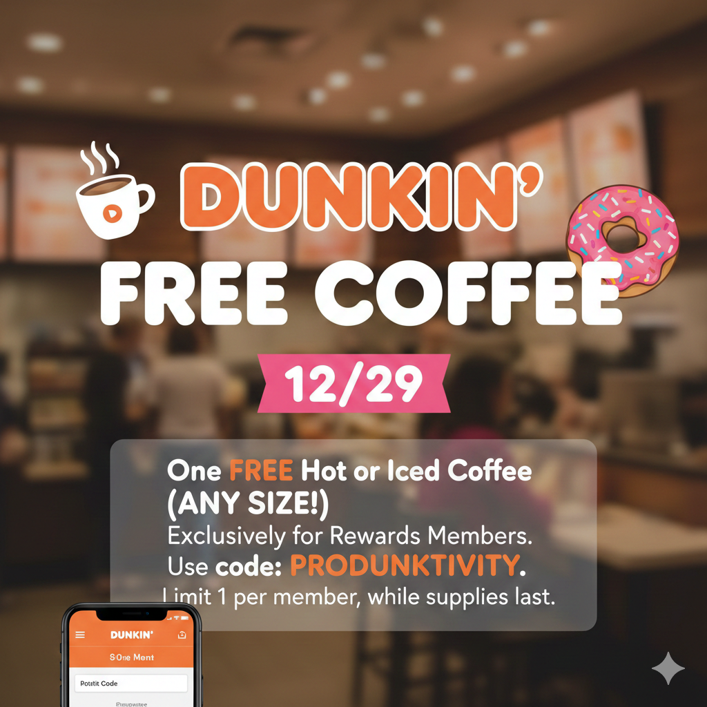 A digital promotional graphic for Dunkin' "ProDUNKtivity Week" featuring a free coffee offer for 12/29 with the promo code PRODUNKTIVITY, set against a blurred coffee shop background with a pink frosted doughnut icon and a mobile app interface.
