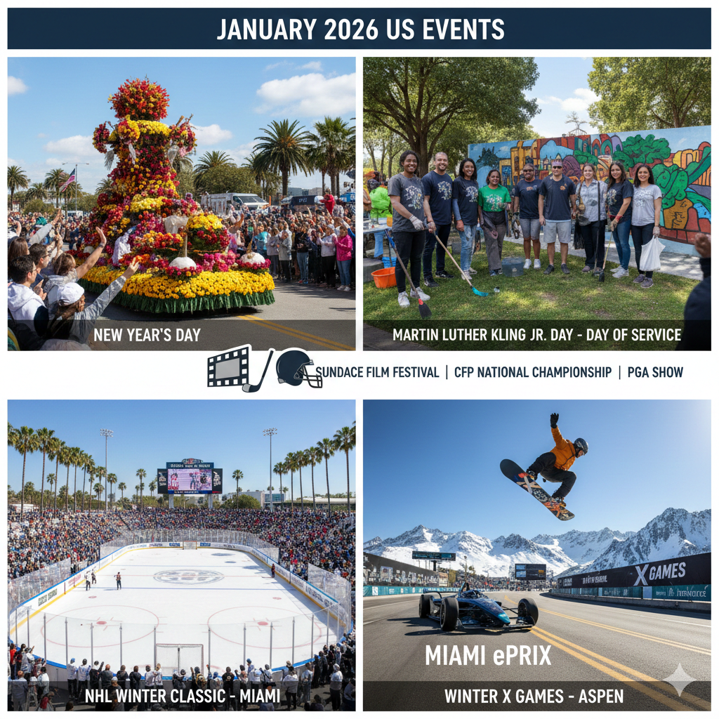 A festive 2026 New Year graphic with gold confetti, winter landscapes, and Martin Luther King Jr. Day tribute imagery.