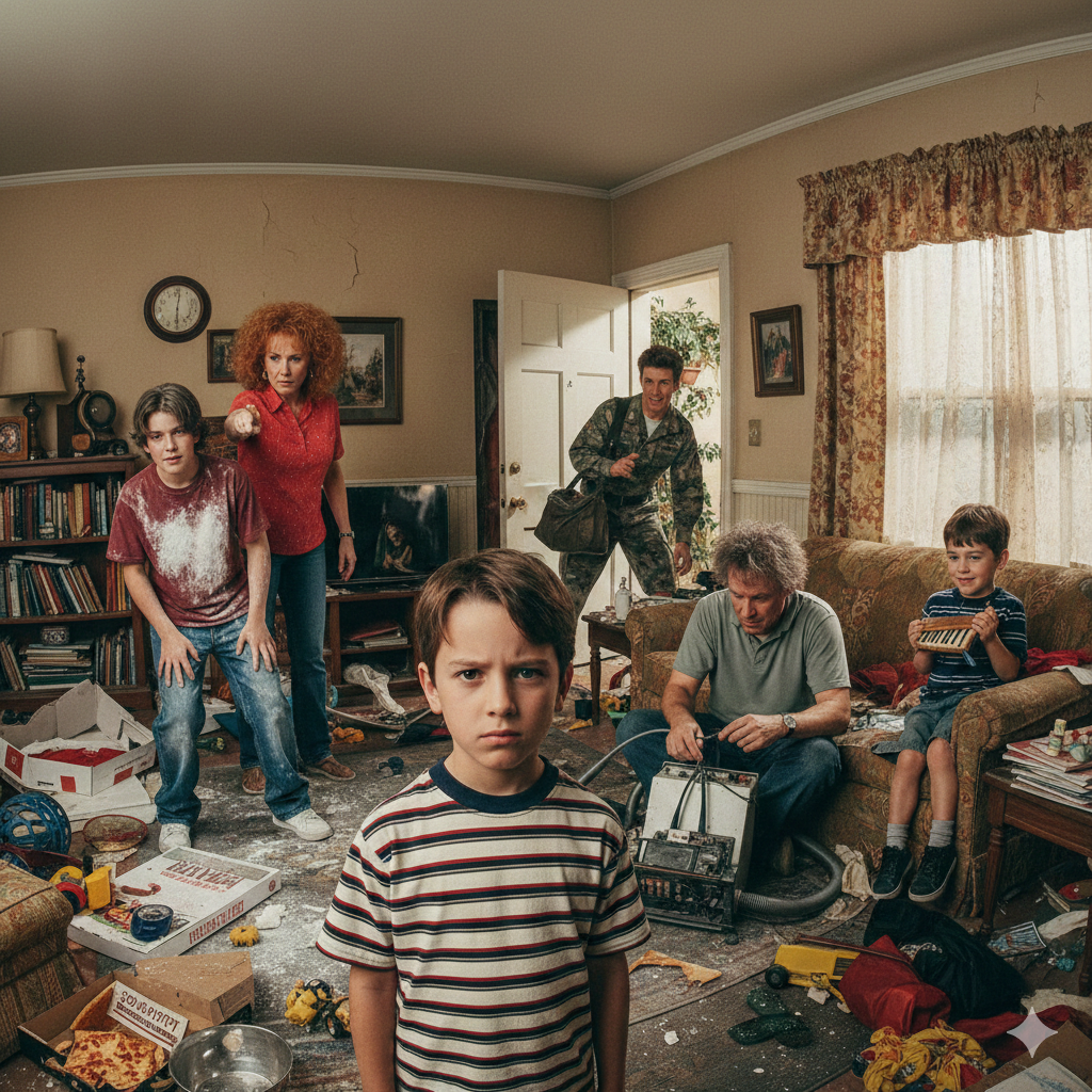A family of six poses together: Malcolm stands in the center looking exasperated, flanked by his dysfunctional brothers, while his intense mother Lois and goofy father Hal loom over them with wide, contrasting expressions.