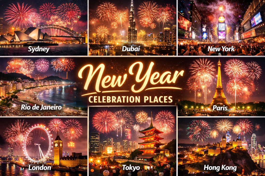 Global New Year celebrations with fireworks over famous cities and landmarks.