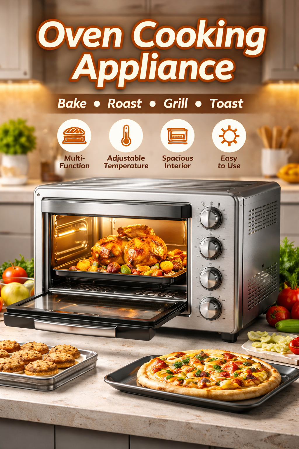 Stainless steel countertop oven with roasted chicken, pizza, and baked goods, showcasing bake, roast, grill, and toast functions.