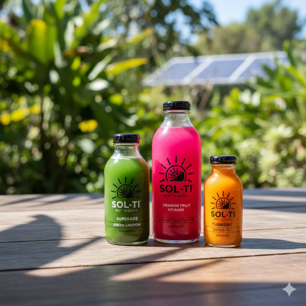 A trio of vibrant Sol-ti glass beverage bottles—green, pink, and orange—stand on a wooden surface in a sun-drenched tropical setting with solar panels in the background.
