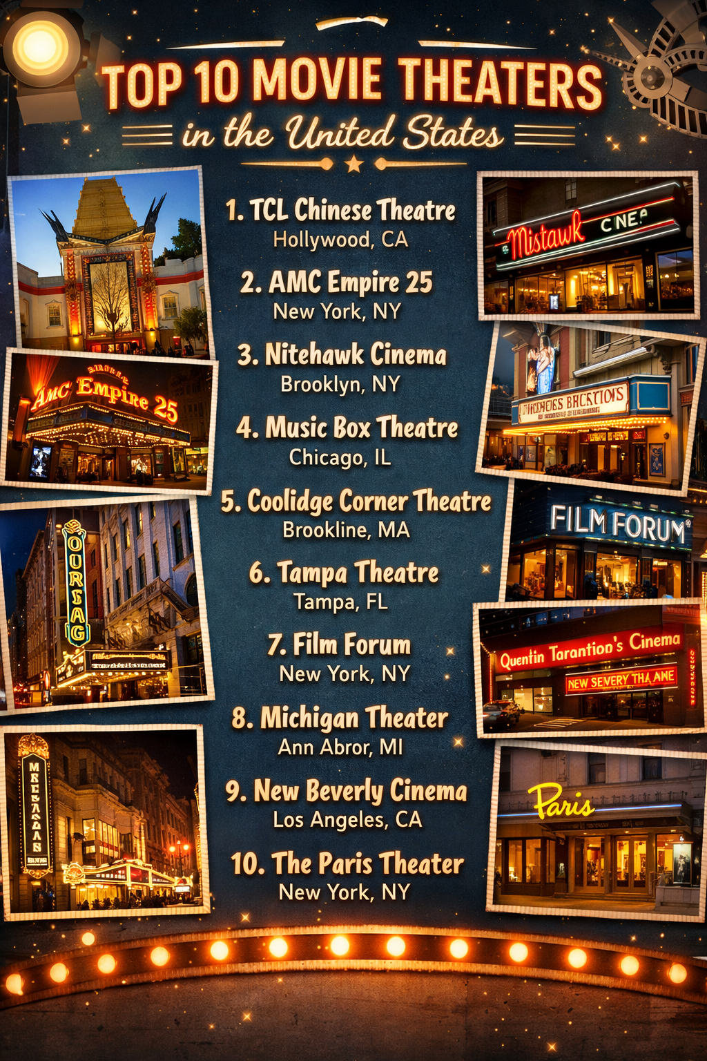 Top 10 movie theaters in the U.S. with images and locations, including TCL Chinese Theatre, AMC Empire 25, and New Beverly Cinema.