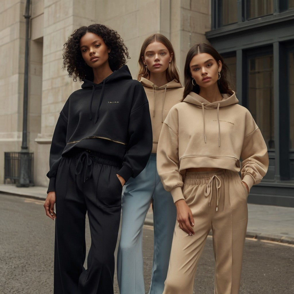 3 women standing on a street wearing hoodies and pants