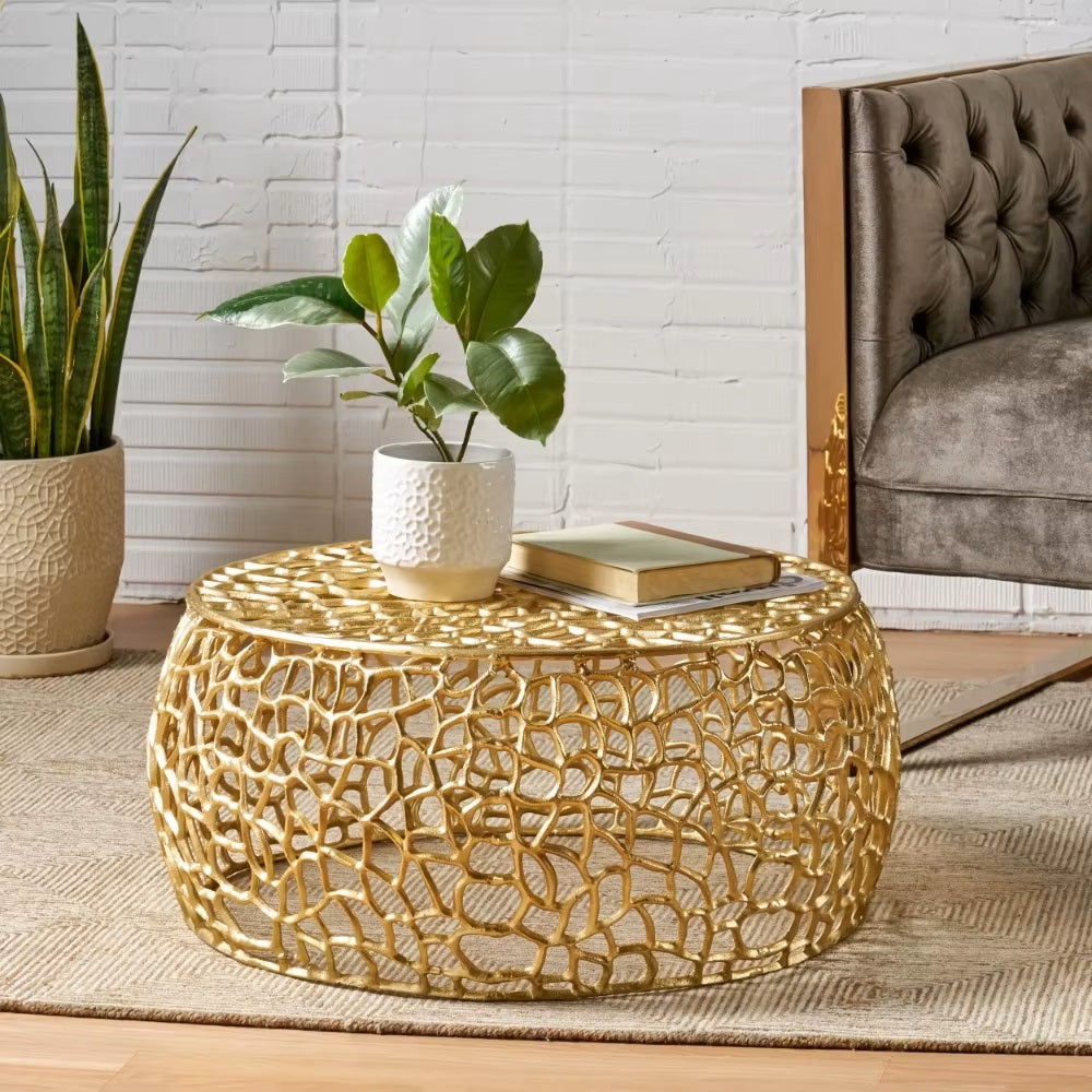 Avelina Modern Handcrafted Aluminum Mesh Coffee Table, Gold,features a gorgeous abstract mesh pattern,Aluminium frame - Dealshavens