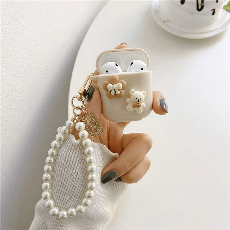 Cute Retro Beige Case for Apple AirPods 1 2 3rd Generation Bear Cherry Case for AirPods Pro Case Keychain Lanyard Luxury Case dealshavens