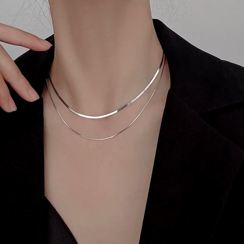 2023 S925 Silver Double Layer Box Chain Snake Clavicle Chain Necklace Female Fashion Hip-hop Retro Unique Design Fine Jewelry Dealshavens