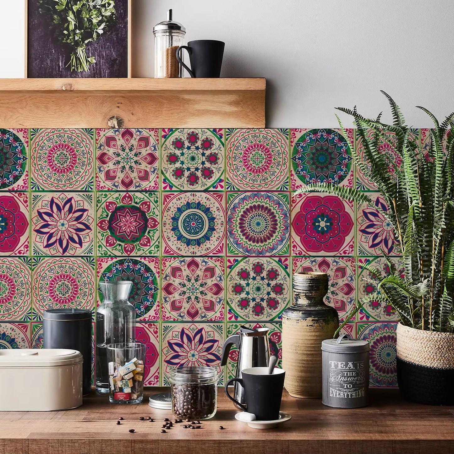 24 pieces of Mandala Retro Pattern Glossy Self-adhesive Tile Stickers for Kitchen and Bathroom Removable Waterproof Wall Sticker Dealshavens