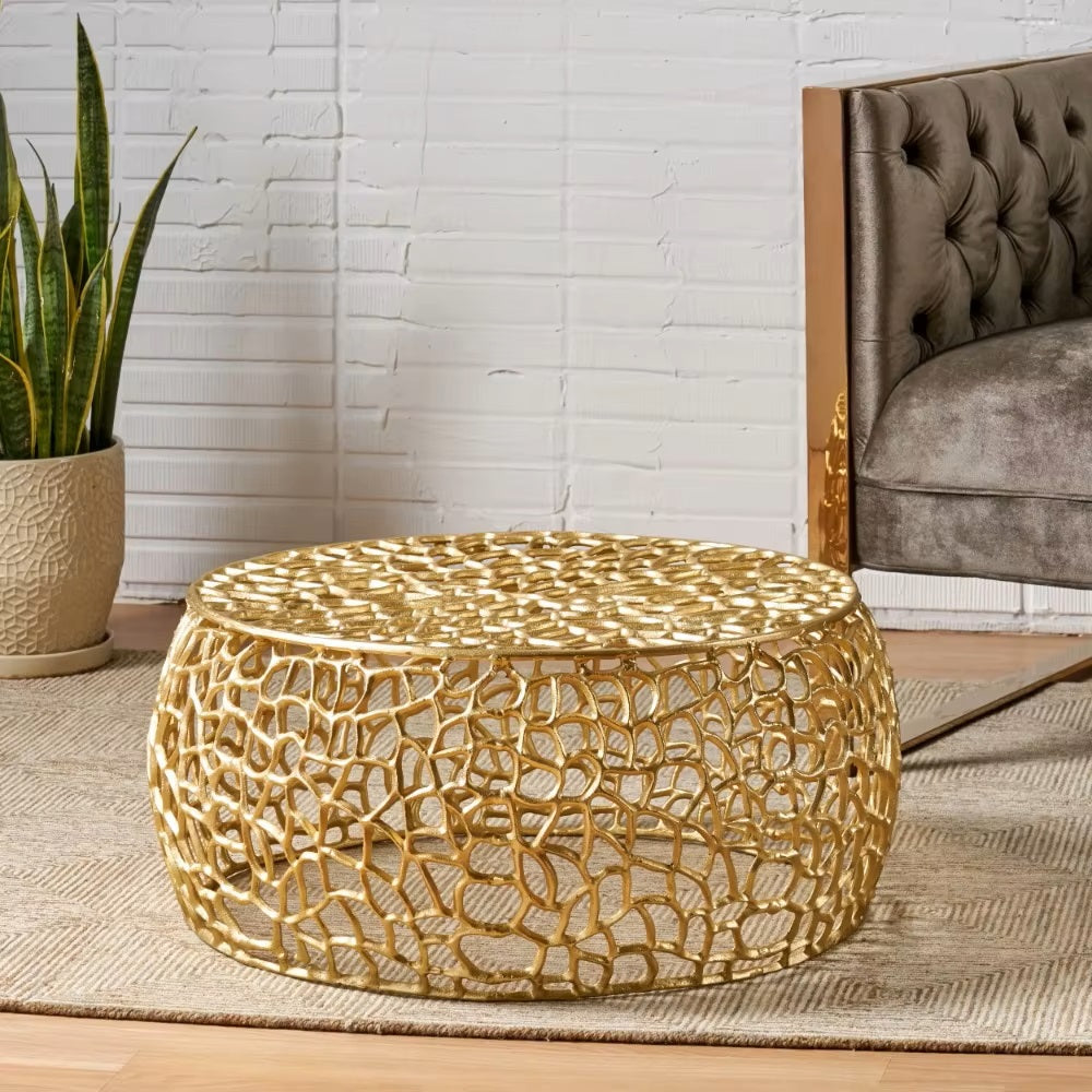 Avelina Modern Handcrafted Aluminum Mesh Coffee Table, Gold,features a gorgeous abstract mesh pattern,Aluminium frame - Dealshavens