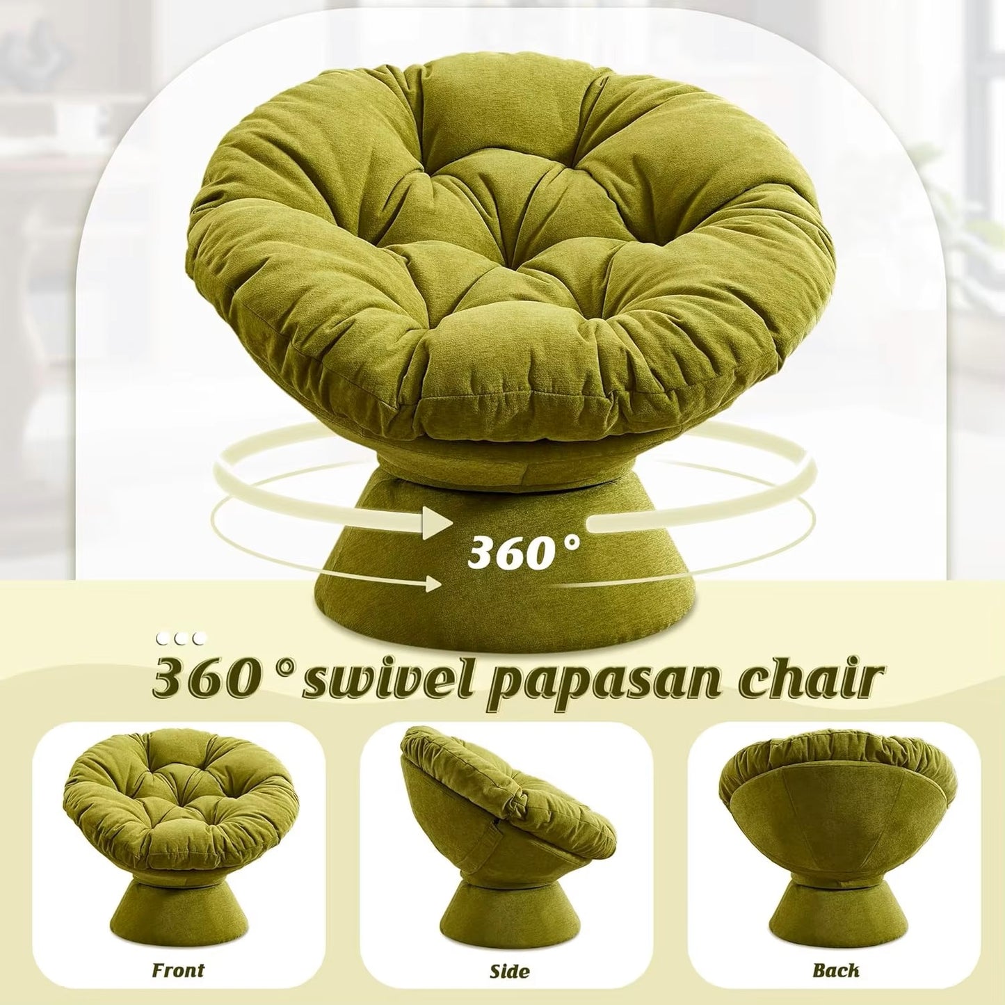 Papasan Chair with Cushion and Frame 360° Swivel Accent Chair Comfy Chenille Upholstered Round Modern Oversized Reading Chair - Dealshavens