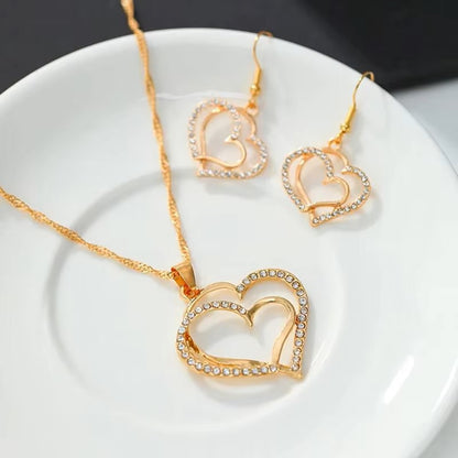 3 Pcs Set Heart Shaped Jewelry Set Of Earrings Pendant Necklace For Women Exquisite Fashion Rhinestone Double Heart Jewelry Set dealshavens