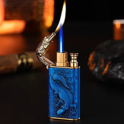 3D Embossed Dragon Crocodile Dual Fire Lighter Metal Windproof Jet Fire Open Flame Convertible Gas Lighter Smoking Men Gift