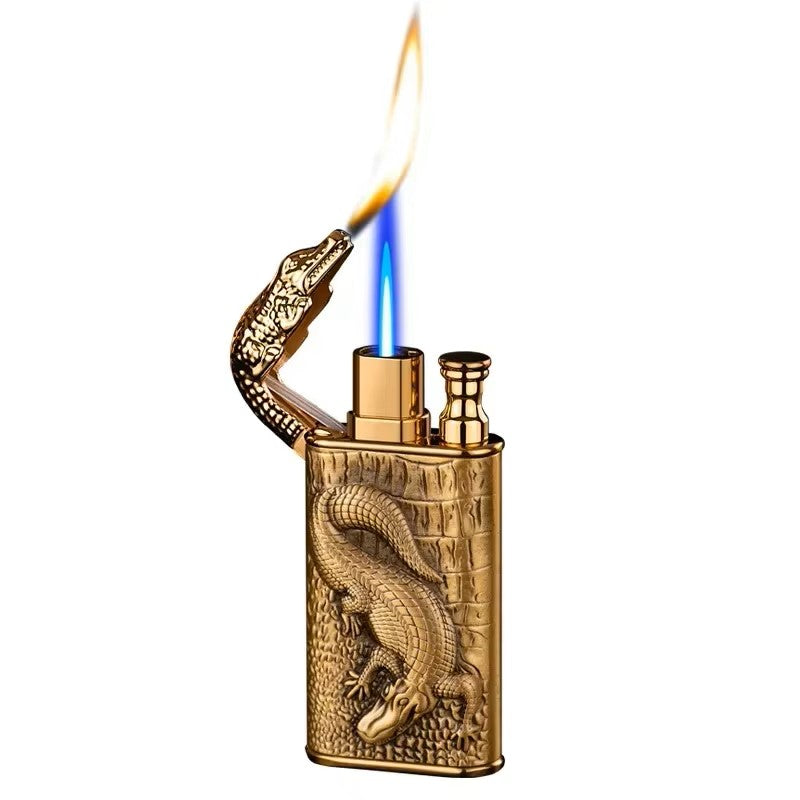 3D Embossed Dragon Crocodile Dual Fire Lighter Metal Windproof Jet Fire Open Flame Convertible Gas Lighter Smoking Men Gift